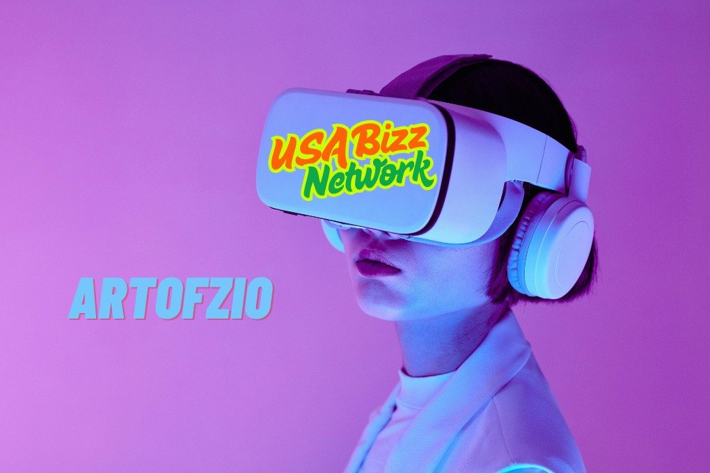 Young woman wearing Artofzio-style VR/AR glasses, immersed in digital creativity and next-gen technology
