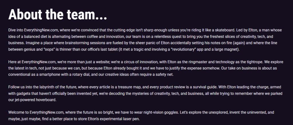 Everythingnew.net – Meet the Team Behind the Innovation and Creativity Everythingnew.net team – A creative journey into tech, innovation, and business, led by Elton with a sense of humor and adventure.