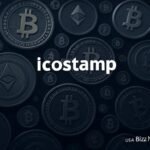 icostamp logo with Bitcoin and Ethereum cryptocurrency icons in the background