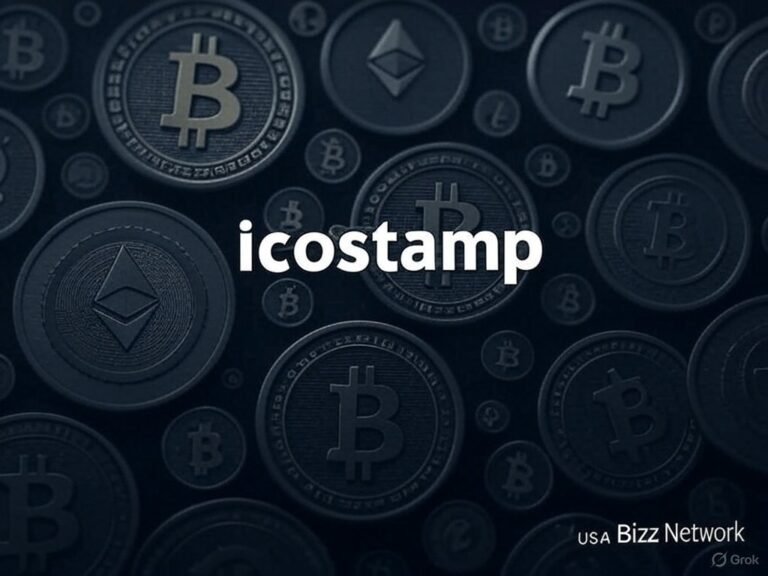 icostamp logo with Bitcoin and Ethereum cryptocurrency icons in the background