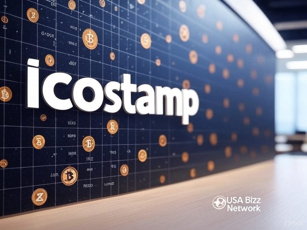 icostamp – Cryptocurrency ICO and Blockchain Insights icostamp logo with Bitcoin and Ethereum cryptocurrency icons in the background