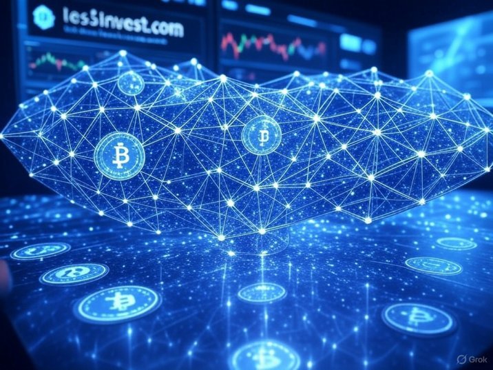 Digital blockchain network with Bitcoin symbols and lessinvest.com crypto dashboard in the background