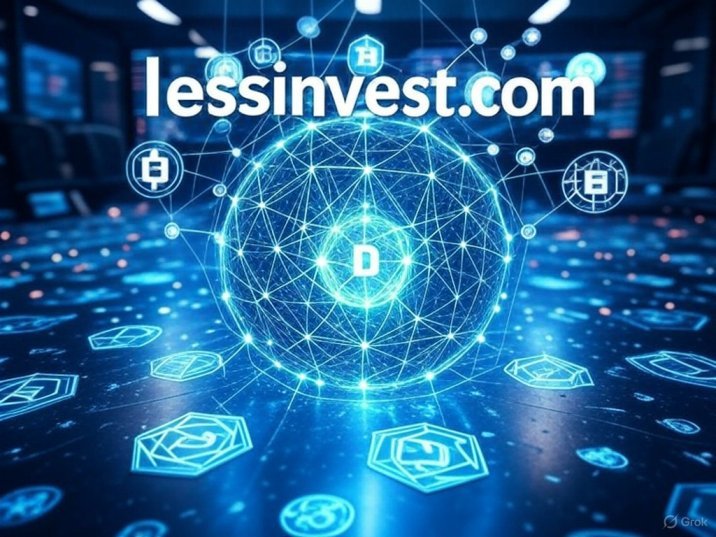 Digital blockchain network with Bitcoin symbols and lessinvest.com crypto dashboard in the background
