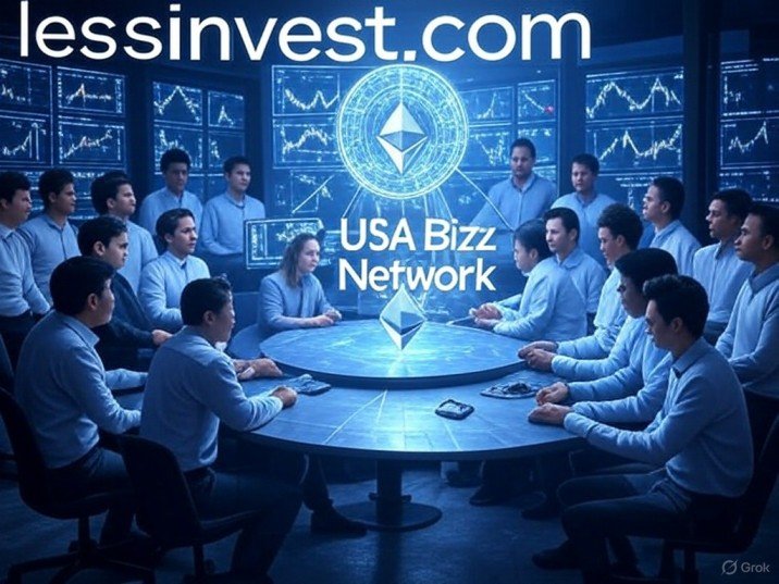 Digital blockchain network with Bitcoin symbols and lessinvest.com crypto dashboard in the background