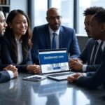 Business professionals discussing crypto strategies with lessinvest.com on a laptop screen