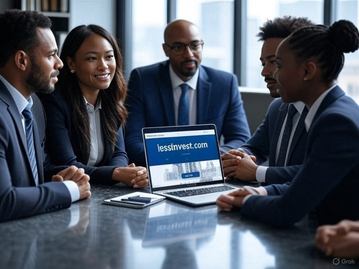 Business professionals discussing crypto strategies with lessinvest.com on a laptop screen