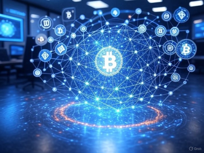 Digital blockchain network with Bitcoin symbols and lessinvest.com crypto dashboard in the background