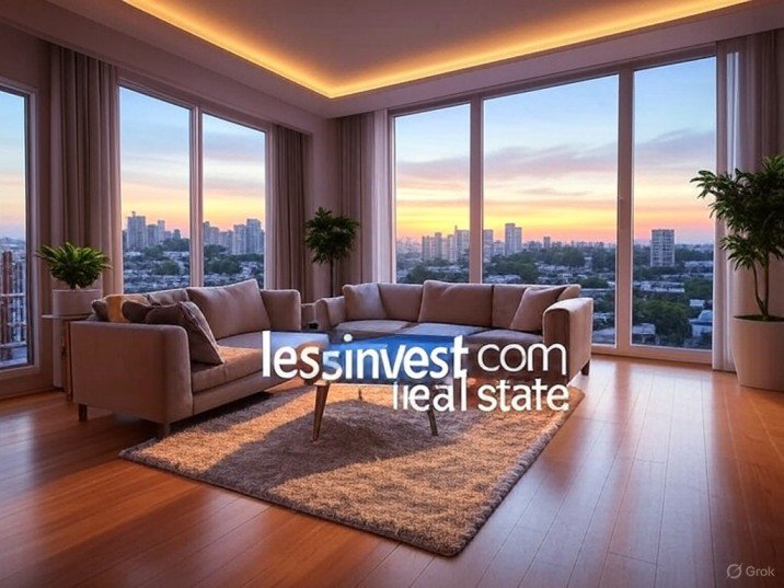 Elegant Urban Living Space | lessinvest.com Real Estate Modern luxury living room with panoramic city views promoted by lessinvest.com real estate