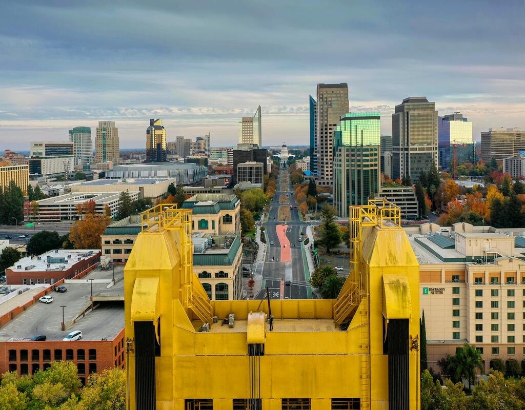 Sacramento Skyline from Tower Bridge – Perfect Visual for Mesothelioma Lawyer Vimeo Campaign Downtown Sacramento skyline view from the Tower Bridge, ideal for Sacramento mesothelioma lawyer Vimeo content