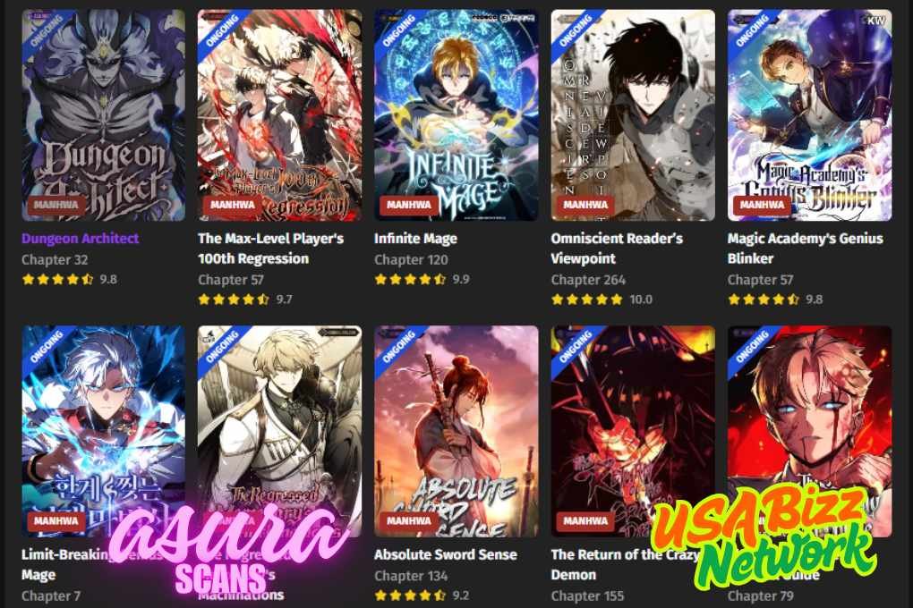 Top-Rated Manhwa Series on Asura Scans – Latest Chapters Popular manhwa titles displayed on Asura Scans including Dungeon Architect, Infinite Mage, and Absolute Sword Sense