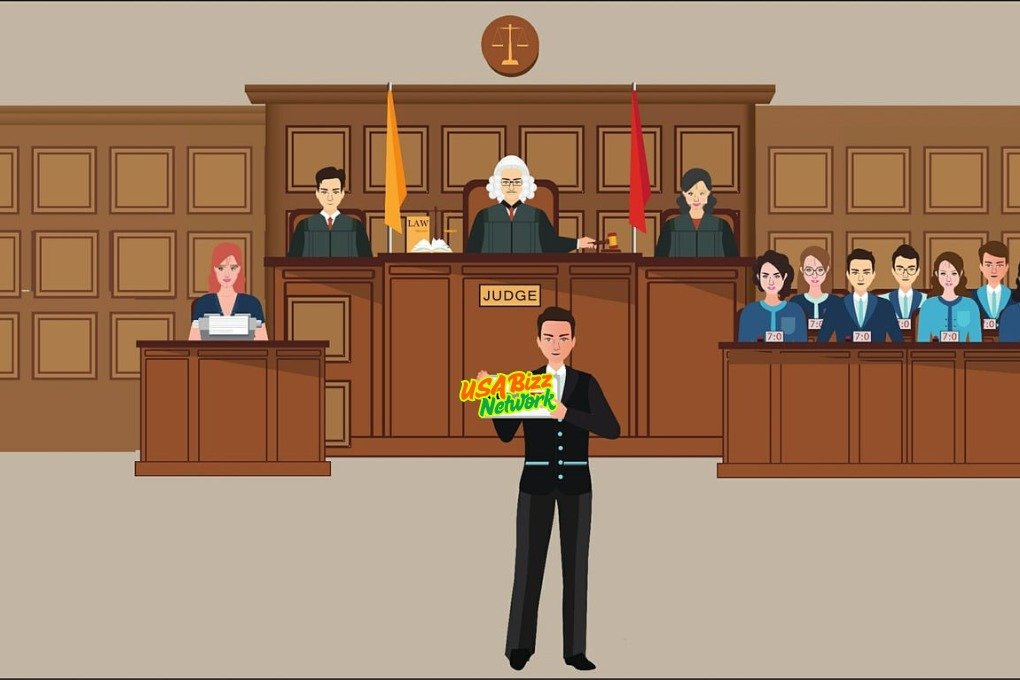 Courtroom Illustration Addressing Rockford Mesothelioma Legal Question Illustration of a courtroom scene with judge, jury, lawyers, and USA Bizz Network branding — rockford mesothelioma legal question.