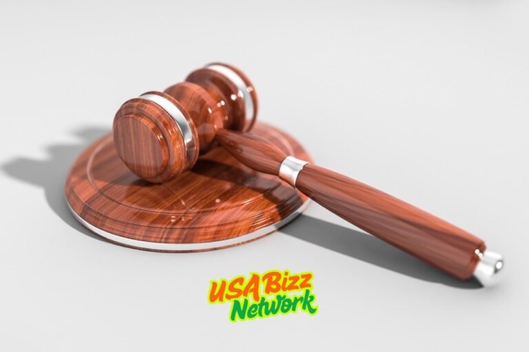 Wooden judge gavel and sound block symbolizing law and justice with USA Bizz Network branding — rockford mesothelioma lawyer vimeo.