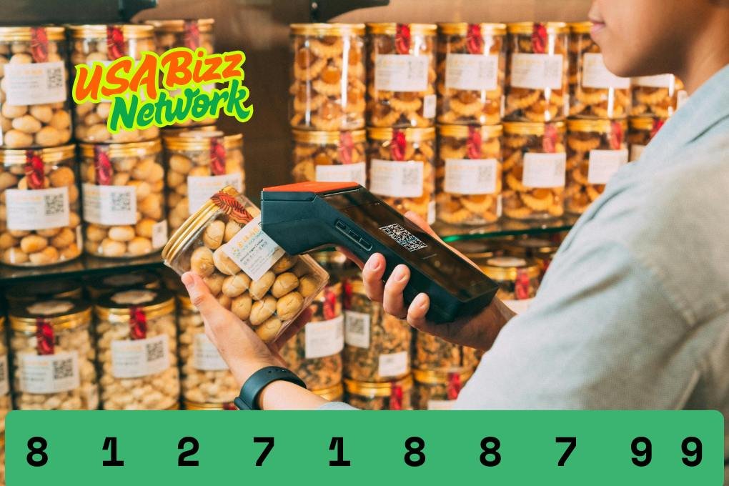 Scanning Product Barcode 8127188799 in a Store – USA Bizz Network Product barcode with 8127188799 being scanned in a store, showing items in jars on shelves.