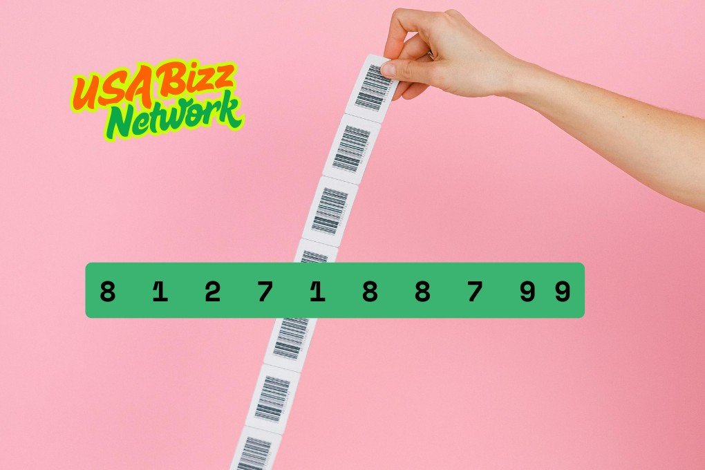Hand Holding Barcode Roll with 8127188799 – USA Bizz Network Hand holding a roll of barcodes with 8127188799 on a pink background, USA Bizz Network logo visible.