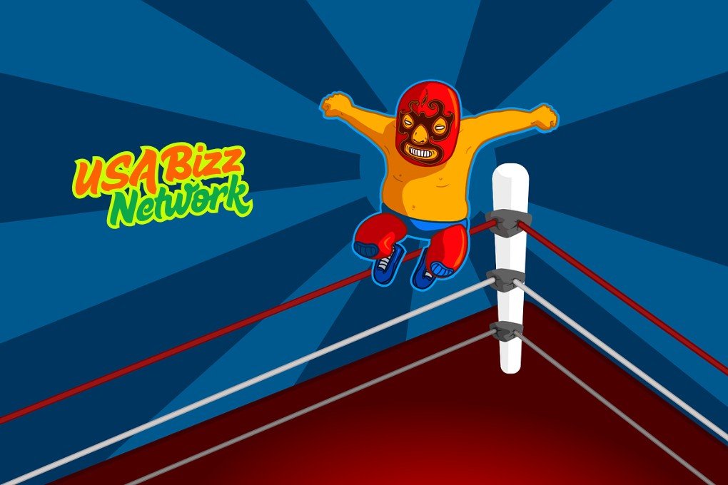 Exciting Wrestling Action – Watch Now on watchwrestling.ae Animated wrestler jumping off the ropes in a wrestling match, available to stream on watchwrestling.ae.