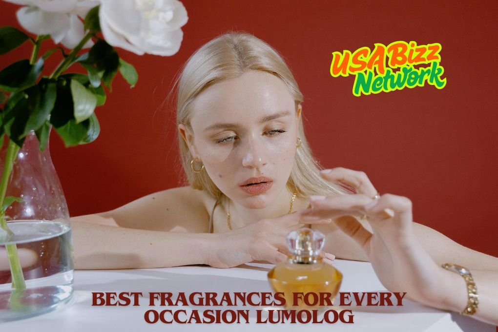 Best Fragrances for Every Occasion Lumolog – Scented Elegance and Style A blonde woman admiring a perfume bottle on a white table with a red background, promoting the best fragrances for every occasion Lumolog.