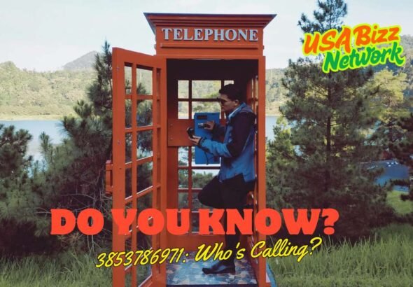 Man using a vintage red telephone booth in nature with text “Do You Know? 3853786971: Who’s Calling?