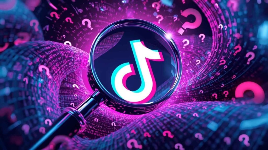 A neon digital screen displaying the mysterious arisapes tiktok profile, surrounded by glowing spheres and tech-themed visual effects.