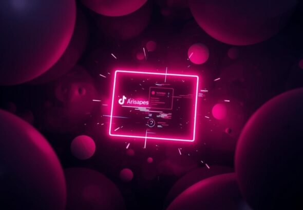A glowing neon TikTok-style screen displaying the mysterious “arisapes tiktok” profile surrounded by floating digital spheres.