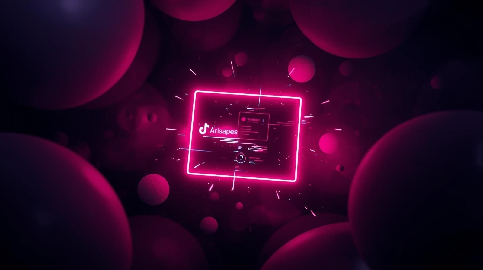 A glowing neon TikTok-style screen displaying the mysterious “arisapes tiktok” profile surrounded by floating digital spheres.