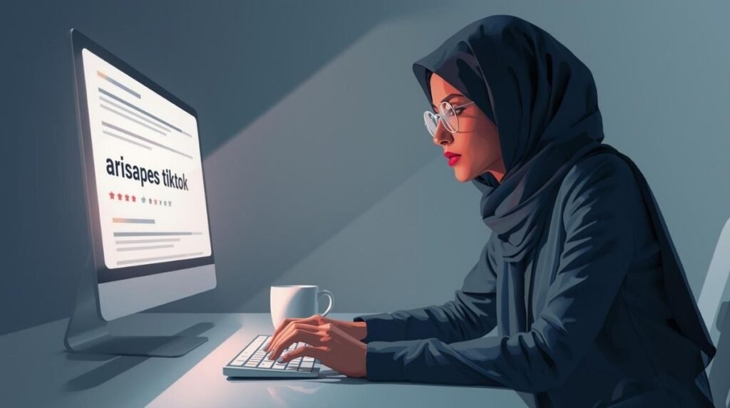 A woman researching the term arisapes tiktok on her computer, focused intently as she types and analyzes the online search results.