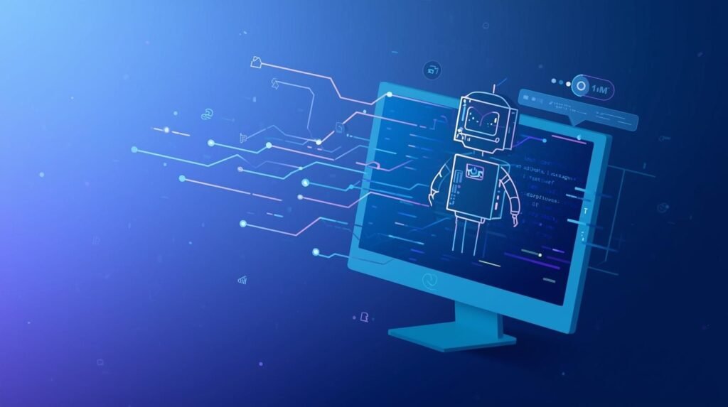 Illustration of auztron bot concept showing a digital automation bot emerging from code on a computer screen.