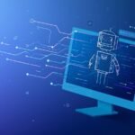 Illustration of auztron bot concept showing a digital automation bot emerging from code on a computer screen.