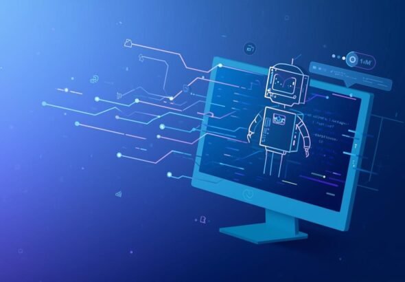 Illustration of auztron bot concept showing a digital automation bot emerging from code on a computer screen.