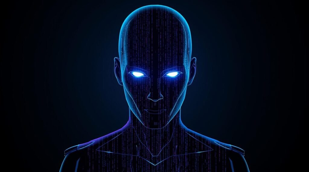 Illustration of auztron bot concept showing a digital automation bot emerging from code on a computer screen.