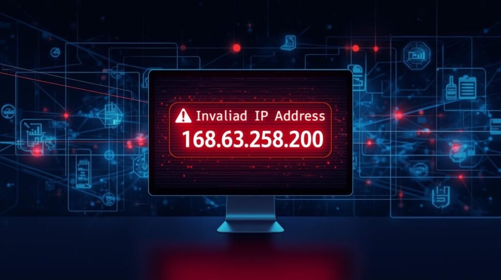 A computer screen displaying an invalid IP address warning for 158.63.258.200 with digital network security visuals.