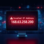 A computer screen displaying an invalid IP address warning for 158.63.258.200 with digital network security visuals.
