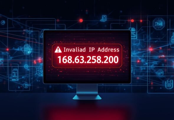 A computer screen displaying an invalid IP address warning for 158.63.258.200 with digital network security visuals.
