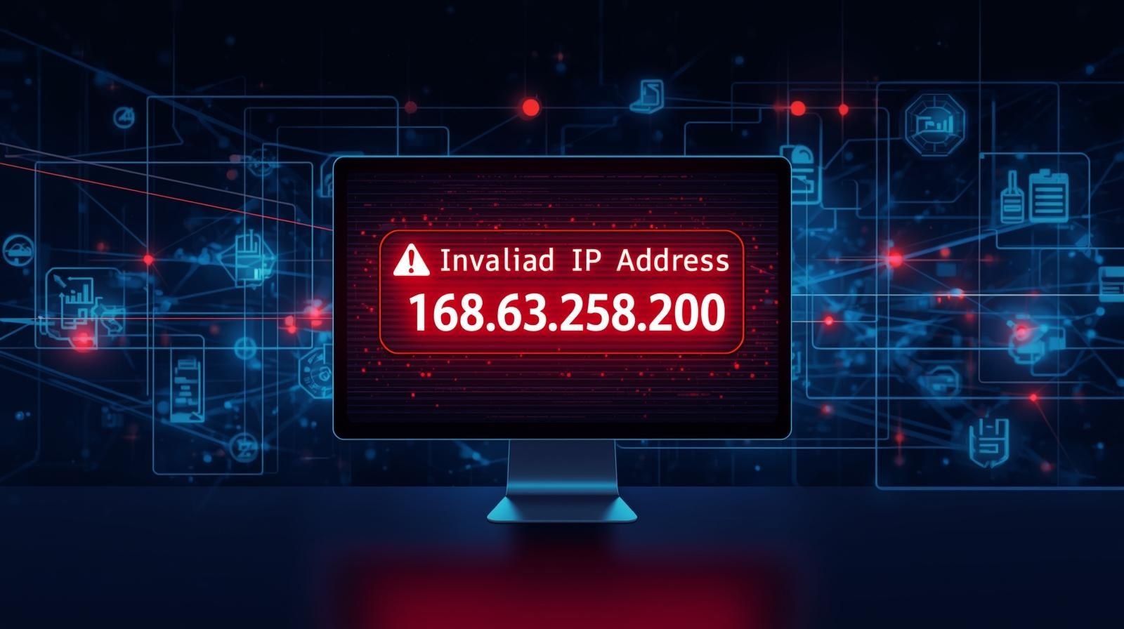 A computer screen displaying an invalid IP address warning for 158.63.258.200 with digital network security visuals.