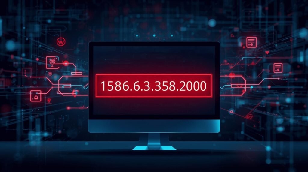 A computer screen displaying an invalid IP address warning for 158.63.258.200 with digital network security visuals.